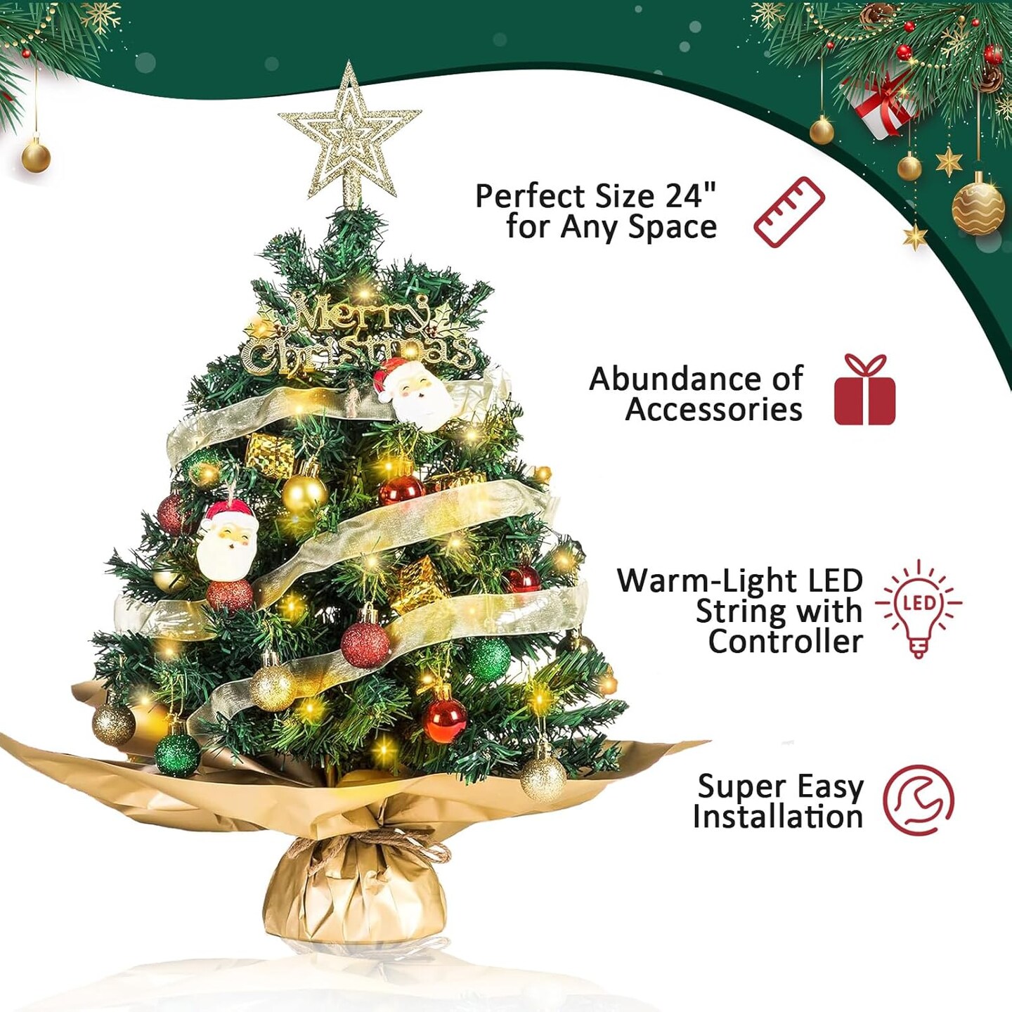 Small Mini Table top Christmas Tree with 50 LED Lights 24 Inch /2FT Little Prelit Christmas Tree Decorated