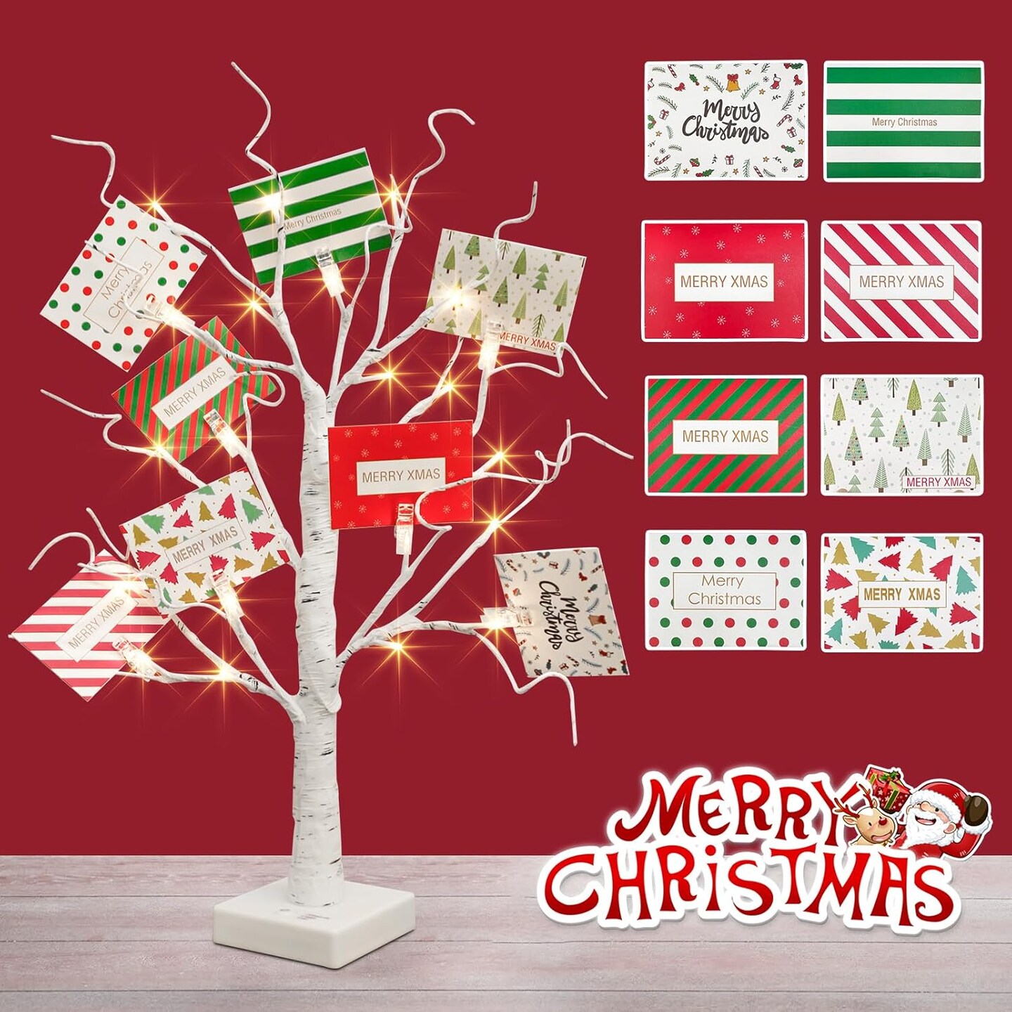 Christmas Tree with Gift Cards, Money Tree Gift Holder, White Lighted Birch Tree Tabletop 2 FT 24 LED, Light Up Display Twig Gift Card Tree with 8 Clear Clips for Home Christmas Decorations