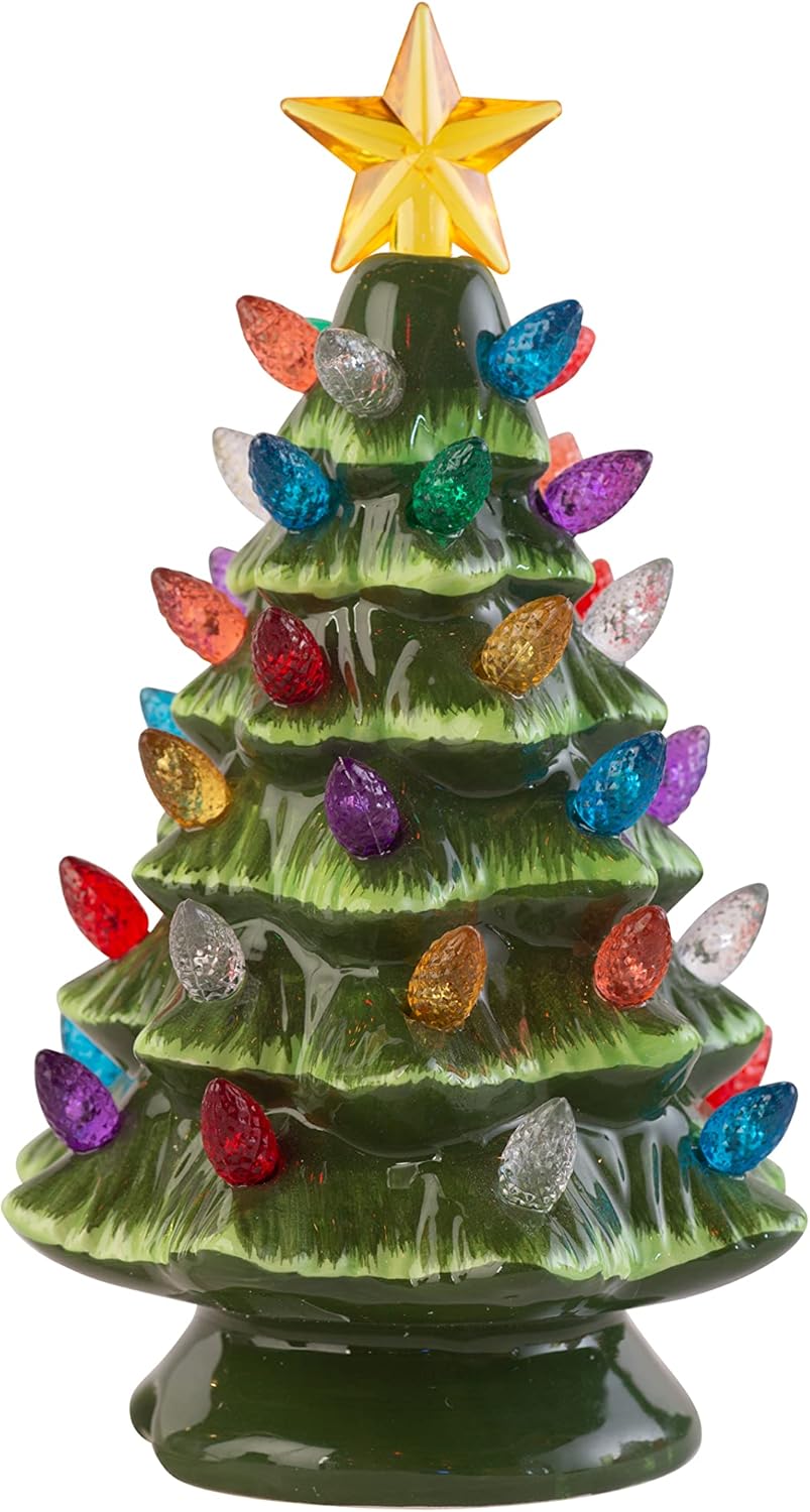 Small Vintage Ceramic Christmas Tree with Multi-Color Lights and Clip in Cord - 6.75" Tabletop Tree
