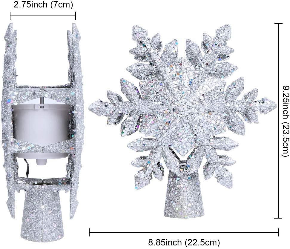 Christmas Tree Topper Lighted with LED Rotating Silver Snowflake Decorations Projector Silver Snow Tree Topper Night Light Projector for Indoor Outdoor Christmas Tree Decorations