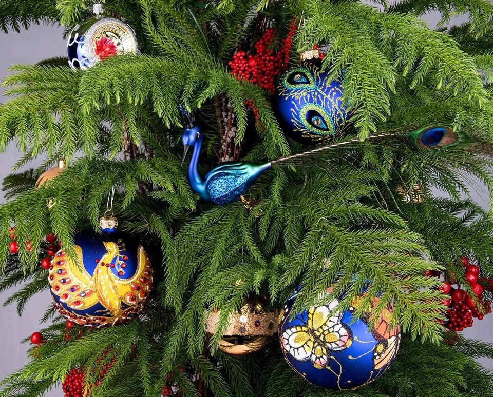 Peacock Feather Blue Christmas Glass Ball Ornament Bauble Made in Ukraine 3&#x22;