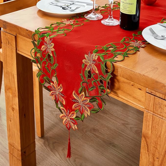 Cutwork Green Leaves Holiday Table Linens for Christmas Decorations 15x69 Inch