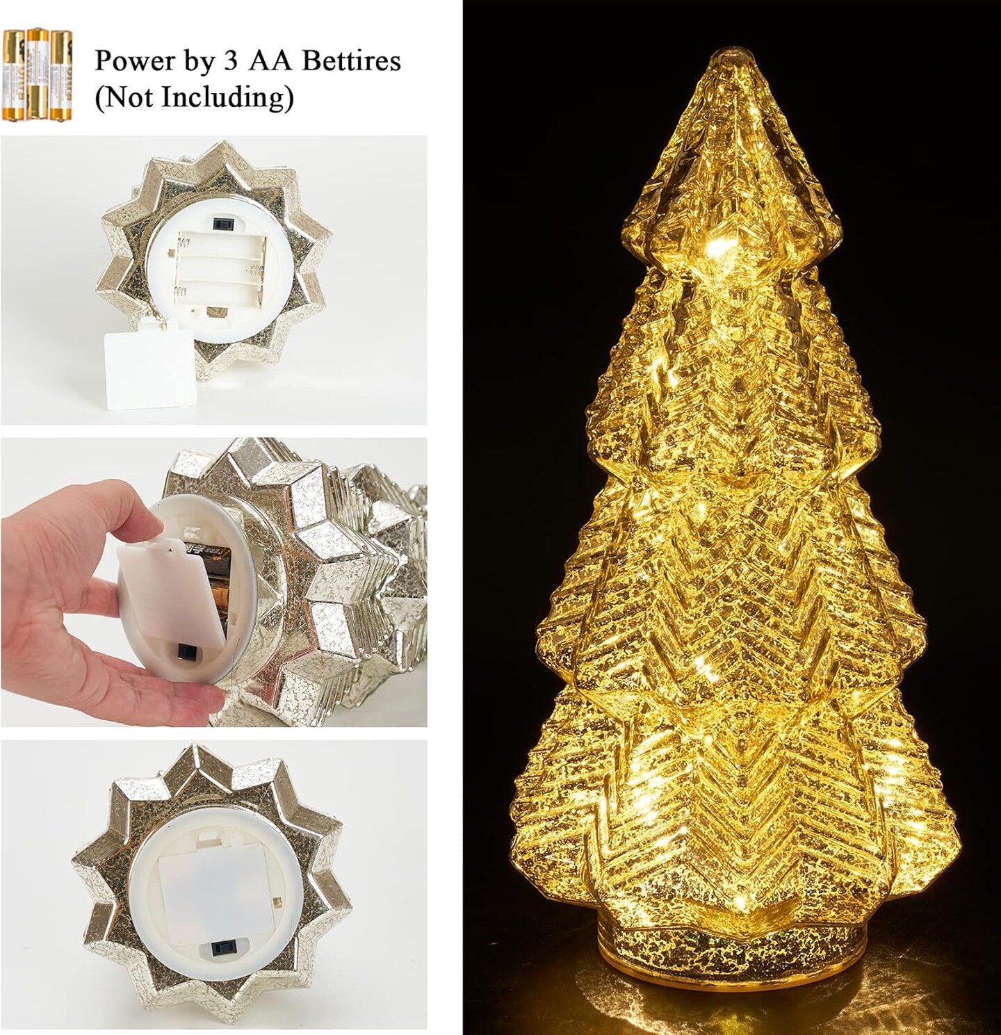 Tabletop Christmas Tree Timer Lighted 12 Inches Silver Mercury Glass Xmas Trees Decorations Table Centerpiece Mantel Window Home Decor