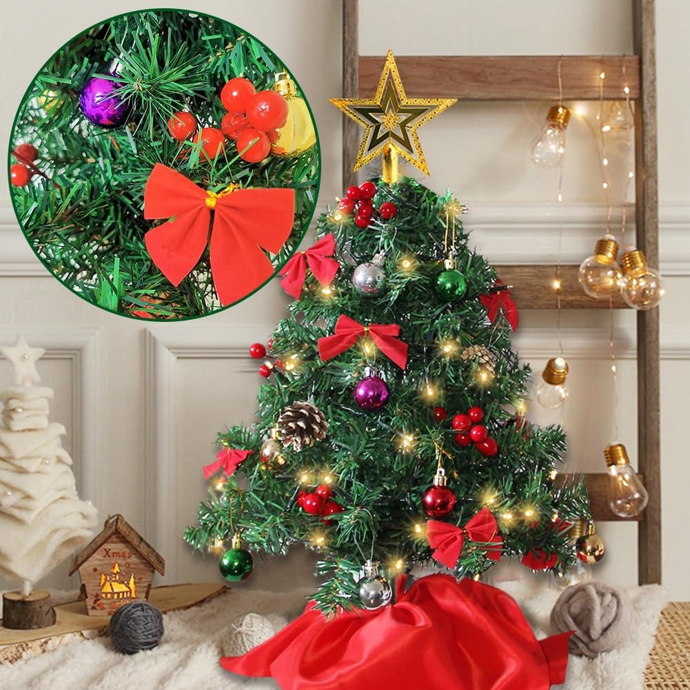 24 Inch Mini Christmas Tree Set, Table Top Artificial Christmas Trees with 50 LED Lights, Tree Topper, Ornaments and Red Berries, Best DIY Christmas Decorations