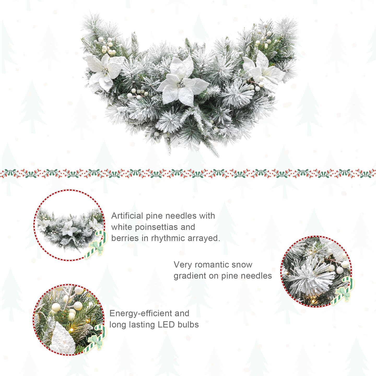 Set of 2 Pre-Lit Christmas Swag, with 50 Warm White LED Lights, Three Function
