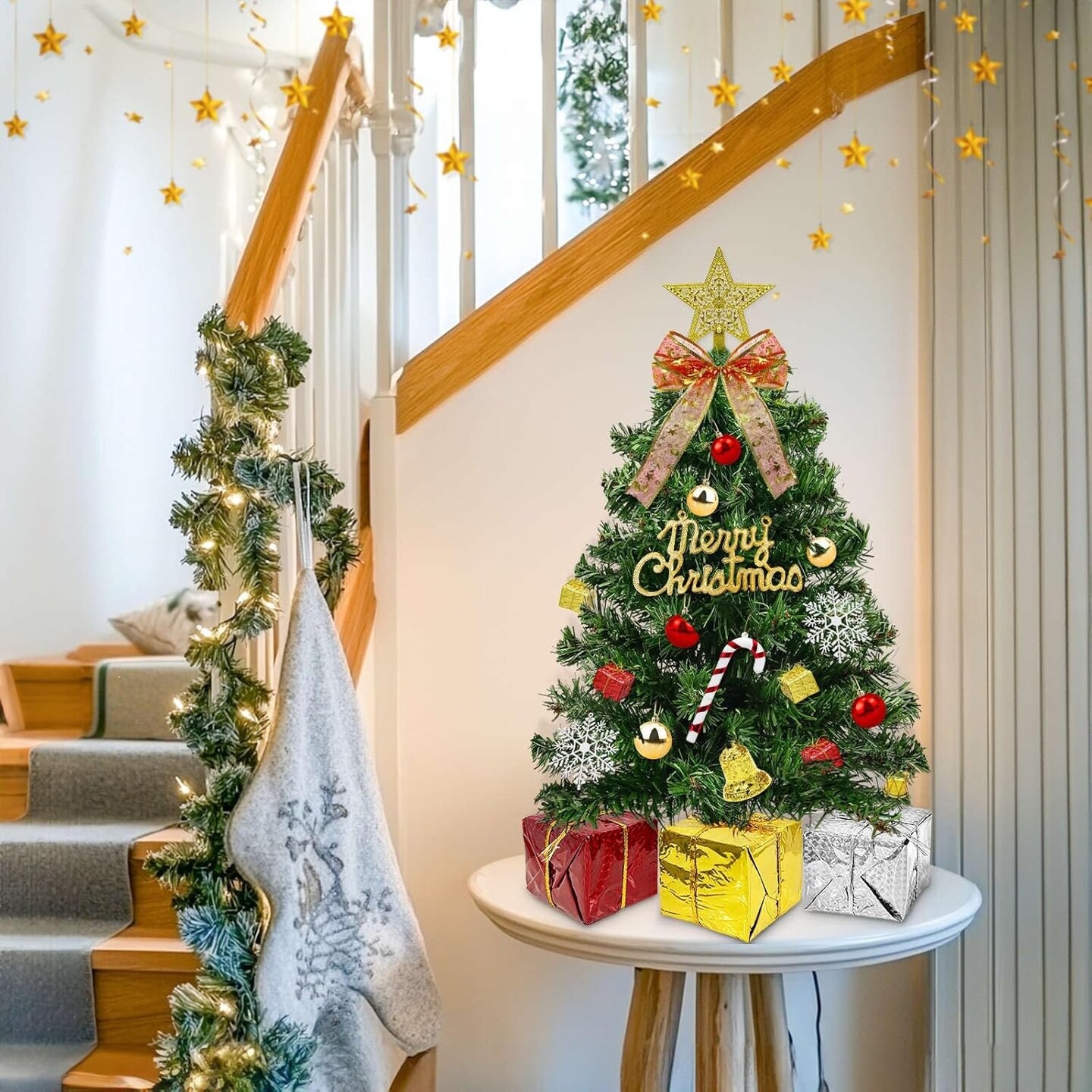 Dual Color Change&Remote Control 24 Inch Tabletop Christmas Tree, 20 LED Warm White&Colored Lights Timer 8 Modes 27 Orantments