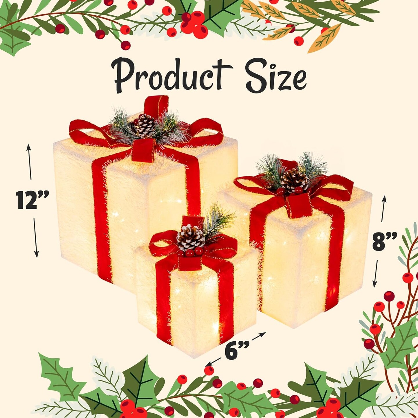 Christmas Lighted Gift Boxes 3 Pack,Pre-lit 60 LED Light Up Present Boxes Christmas Outdoor Decorations for Indoor Porch Patio Yard Tree Holiday Party(Warm White)