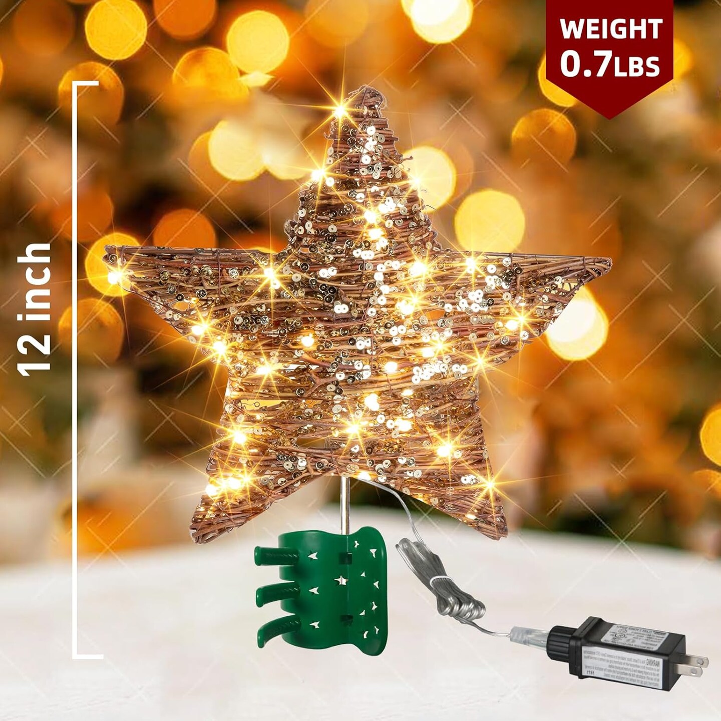 13.37&#x201D; 40 LED Christmas Rattan Tree Topper, Indoor Rustic Natural Star Treetop