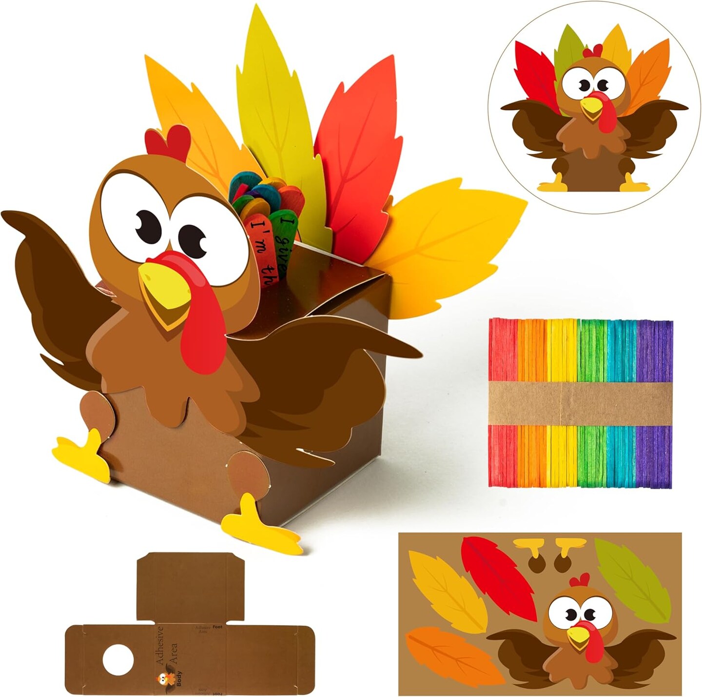 Fall Thankful Turkey Craft - 16Pcs Thankful Turkey Jar Craft Kit DIY Religious Turkey Prayer Jar with Popsicle Stick Thanksgiving Gratitude Turkey Box Paper Craft School Fun Activities for Kids