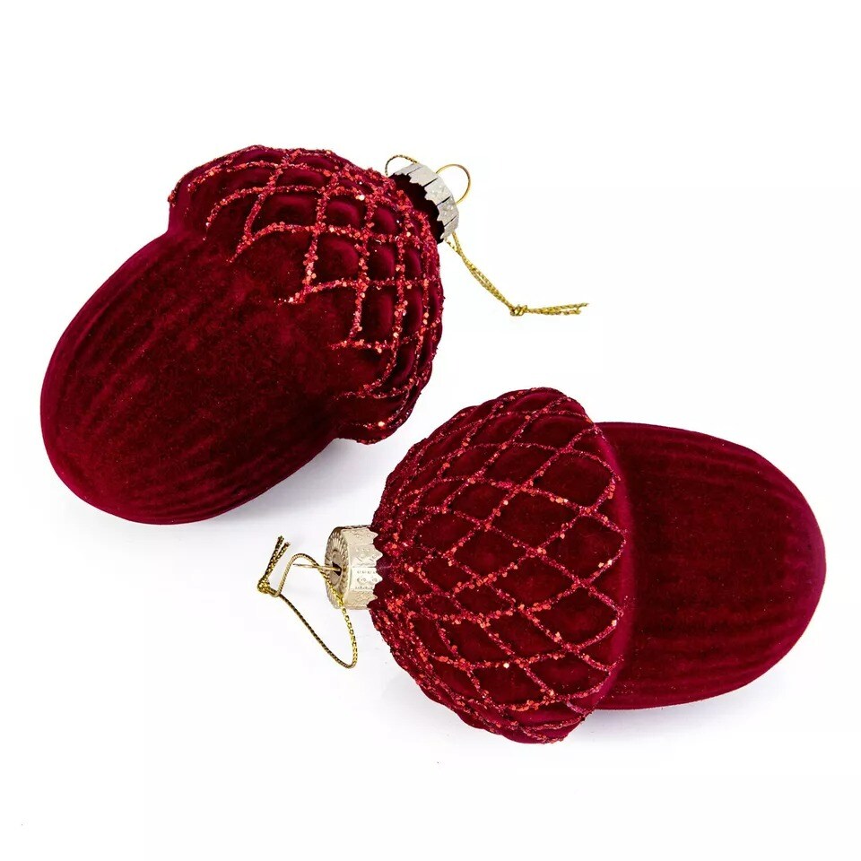 SET OF 2 Red Velvet Flocked Acorn Ornaments, Glass Christmas Ornaments 4.25&#x22;