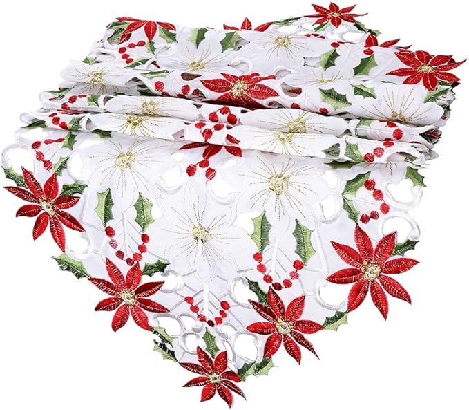 Runners Poinsettia Holly Leaf Table Linens for Christmas Decorations 15 x 70 Inch