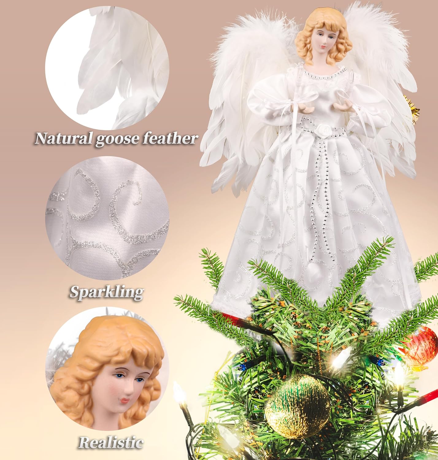 Christmas Tree Topper with Lights | 12.5 inch White Angel Tree Topper | Battery-Powered Tree Toppers Christmas Decorations