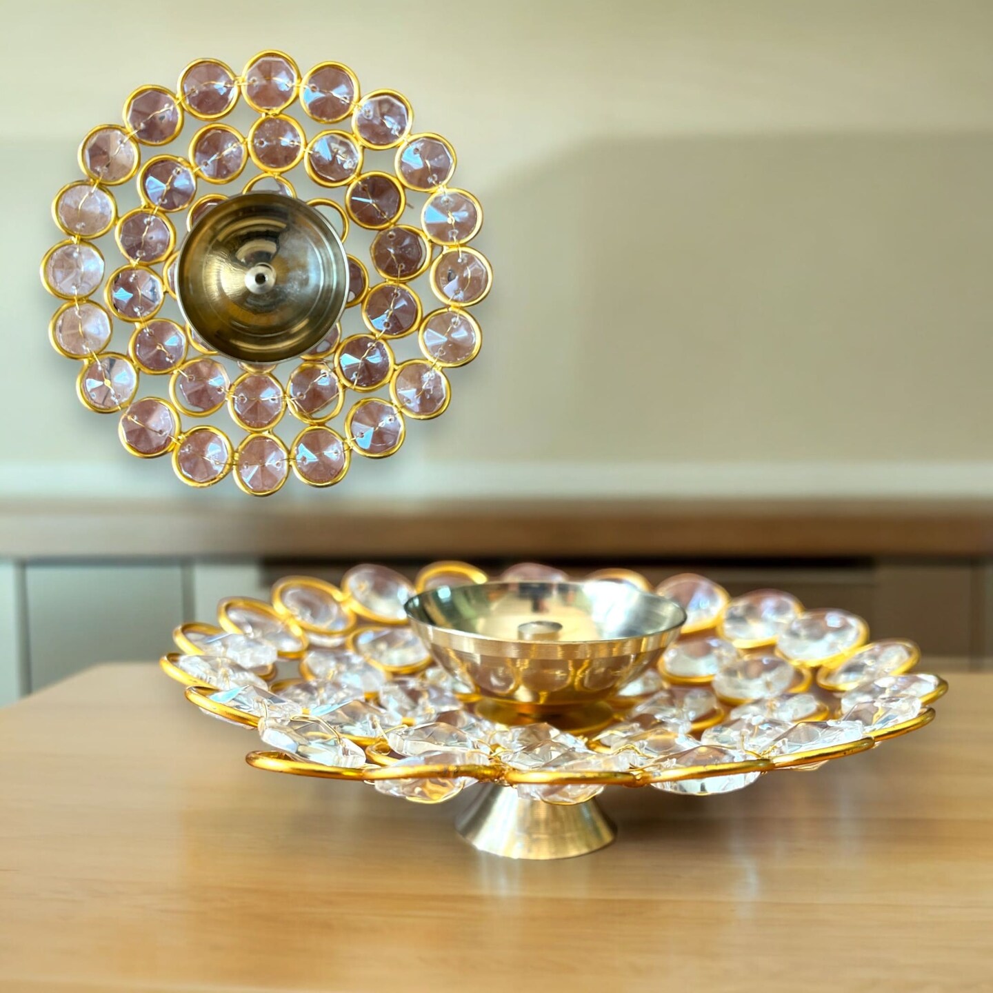 Brass Decorative Diya with Acrylic Glass Floral Design &#x2013; Diwali Diyas for Puja, Kuthu Vilakku, Home Temple Decor, Deepam, Deepawali Decoration, Lantern, Housewarming Return Gift