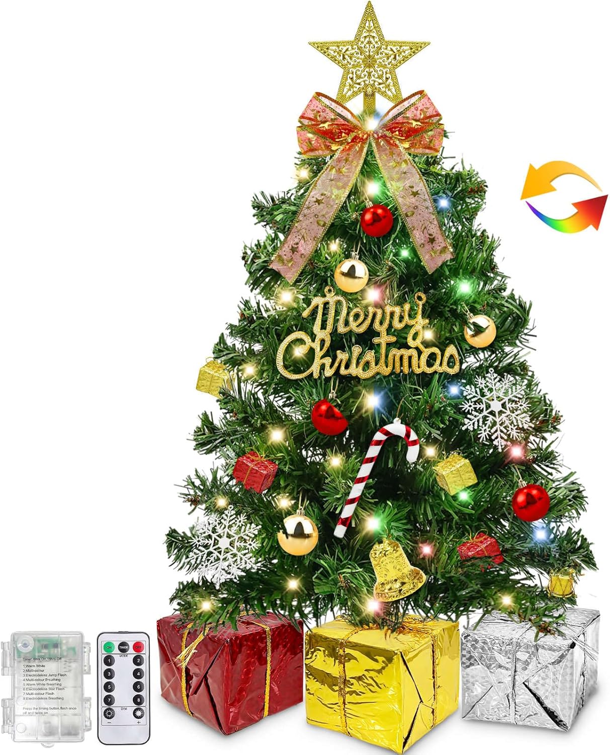 Dual Color Change&Remote Control 24 Inch Tabletop Christmas Tree, 20 LED Warm White&Colored Lights Timer 8 Modes 27 Orantments
