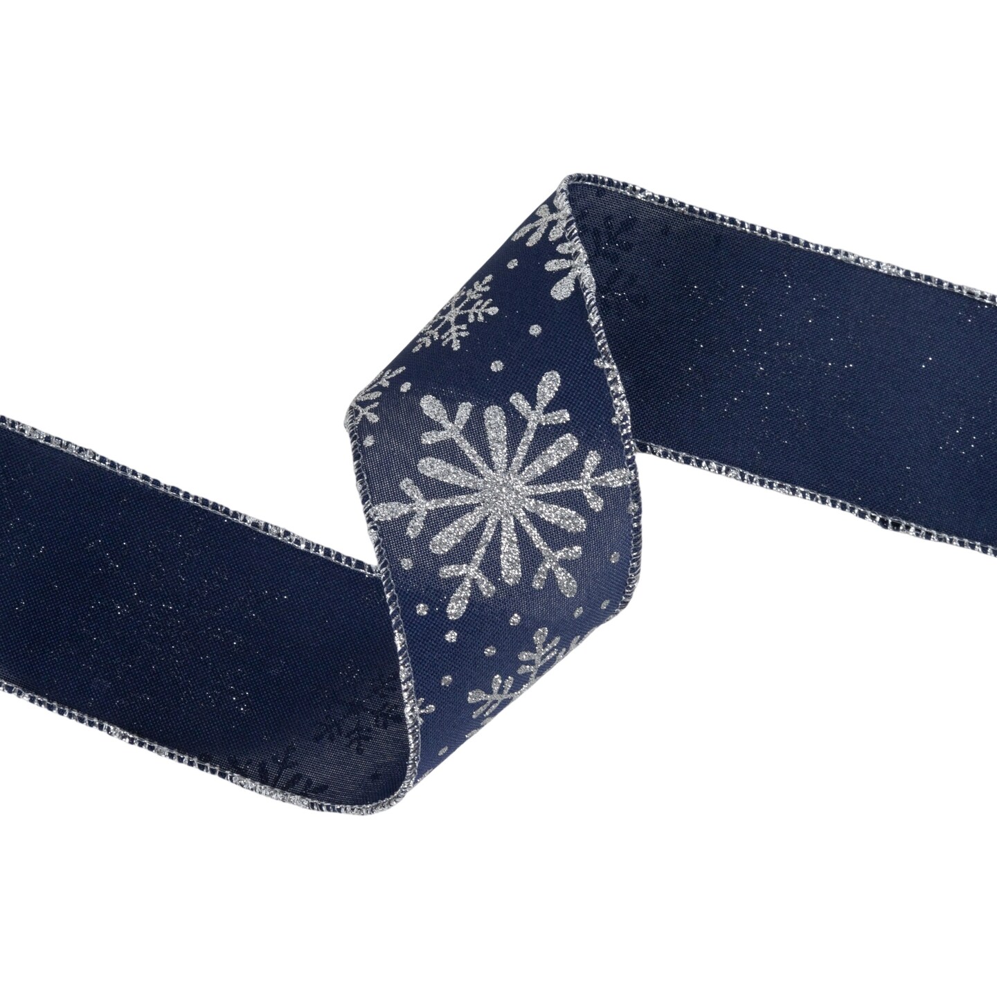 LaRibbons 2 1/2" Faux Linen Wired Ribbon | Blue w/ Giltter Silver Snowflake | 25 Yard Roll