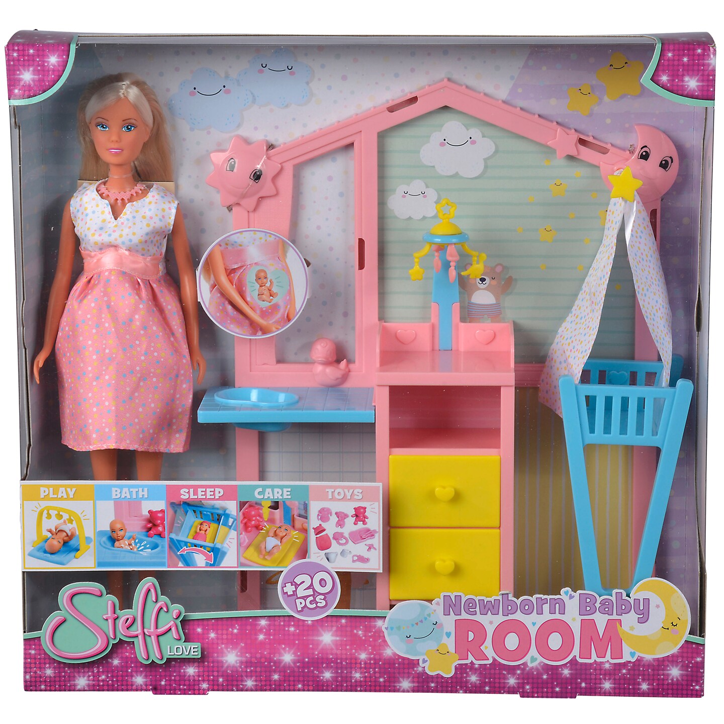 Simba Toys: Steffi Love - Newborn Baby Room Set - 20pc Playset, Pregnant 11.4" Steffi Doll & Baby Figure, Furnished Nursery & Accessories, Kids 3+