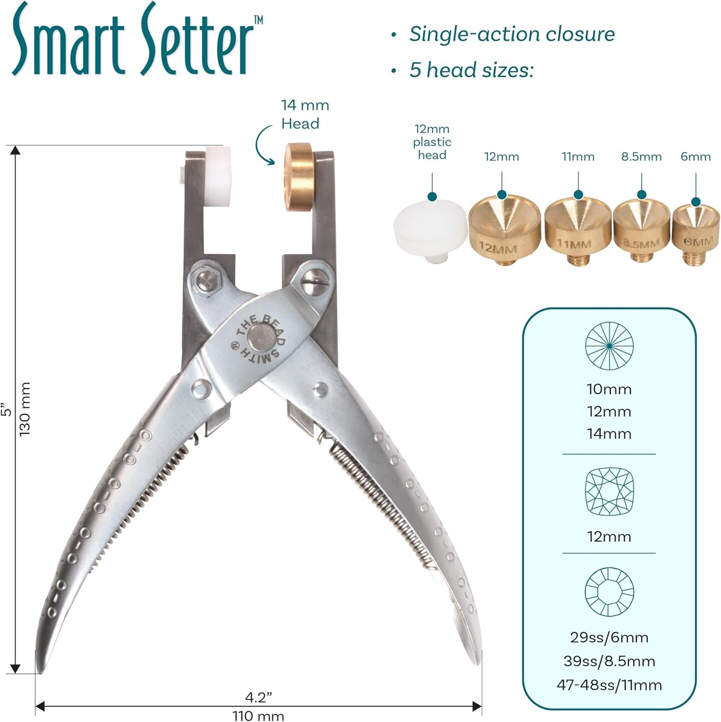 The Beadsmith Smart Setter Parallel Pliers – 5” Cup Chain Tool for Gemstone Setting, Polished Steel, 5 Brass Setting Heads Sizes (14mm, 12mm, 11mm, 8.5mm, 6mm) & 12mm Plastic Head
