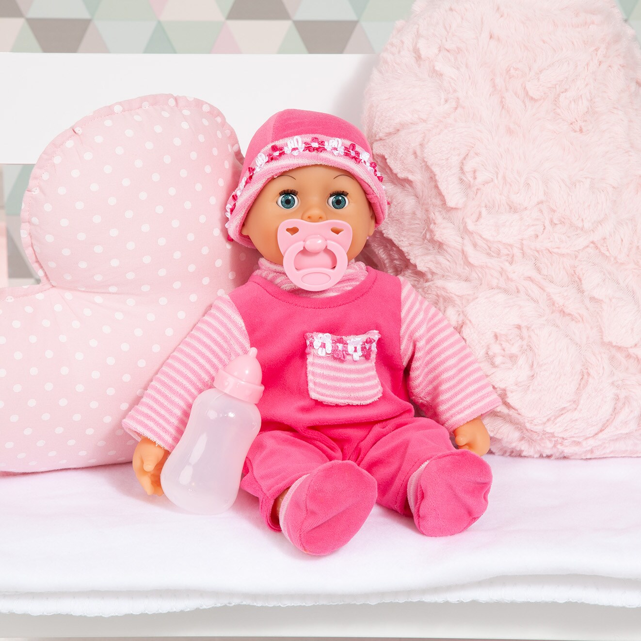 Bayer: Soft-Bodied Baby Doll with Sounds and Sleeping Eyes, 15'' Pink, Includes Bottle and Pacifier