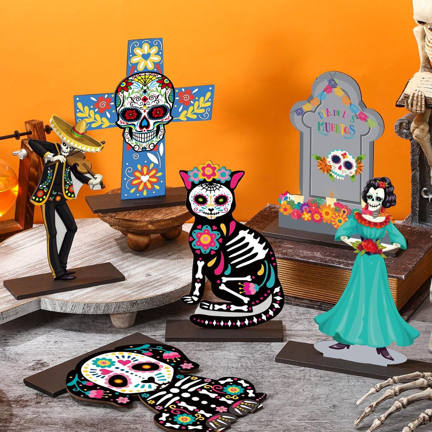 6 Pcs Day of The Dead Wooden Table Centerpiece Dia De Los Muertos Mexican Table Decorations Halloween Table Topper