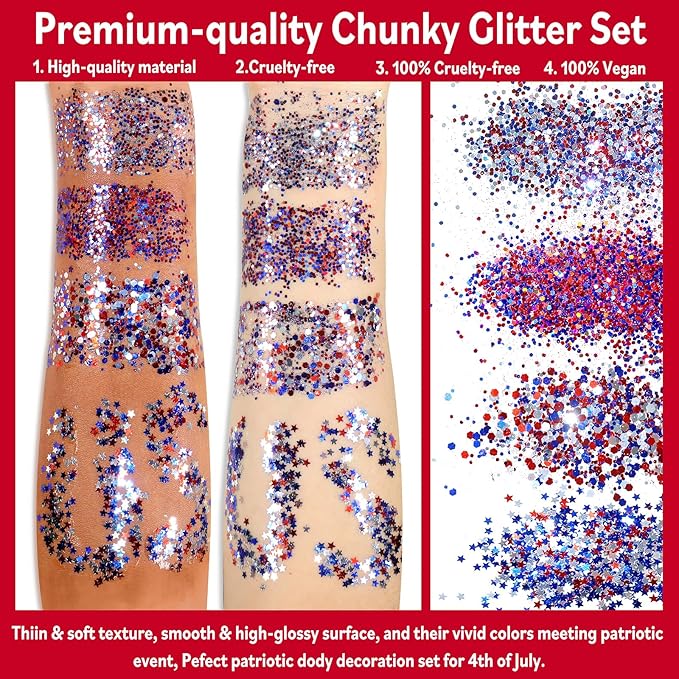 Chunky Body Glitter 4 Colors Cosmetic Patriotic Face Glitter Independence Day Hair Sequins Sparkle Veterans Day Eye Flakes 4th of July Accessories for Olympics Party Women Face Paint Makeup
