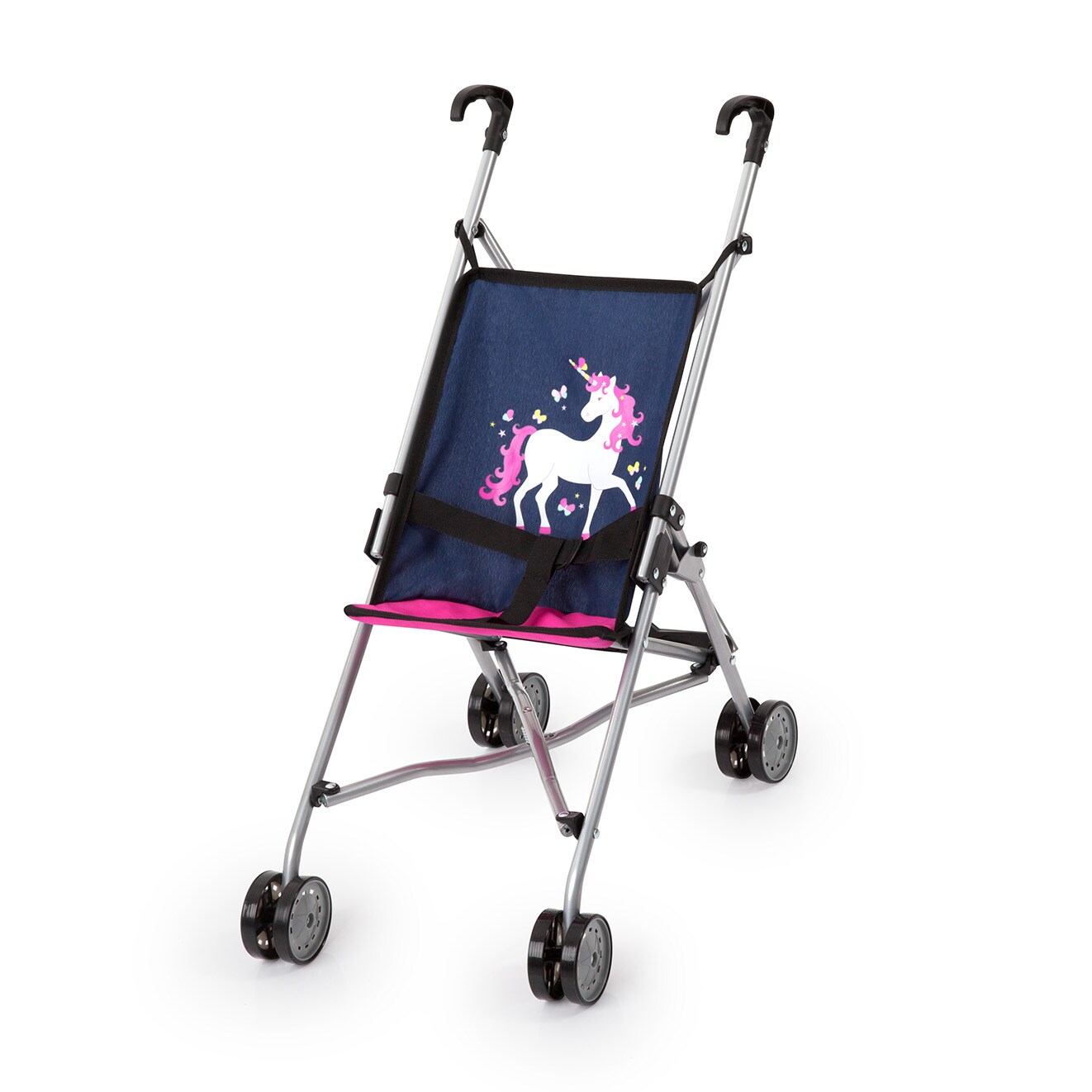 Bayer: Buggy Stroller - Blue, Pink Hearts, Unicorn - Accessory for Dolls Up to 18", Sun Canopy, Foldable, Seat Belt, Kids Toy, Ages 3+ |