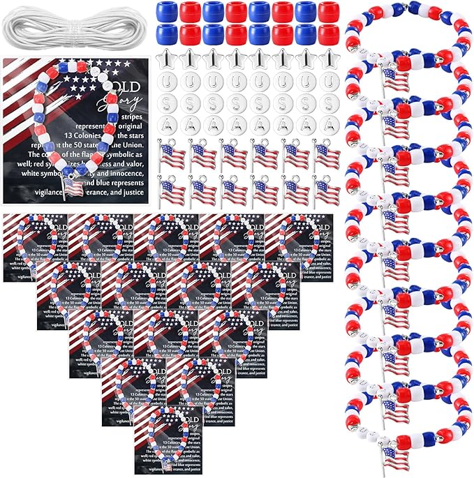 30 Sets Memorial Day Beaded Bracelet Kit, 1029 Pcs Red White Blue DIY Patriotic Bracelet Making Set with USA Letter Beads, Flag Charms, Cards and Bags for Memorial Day Party Favors