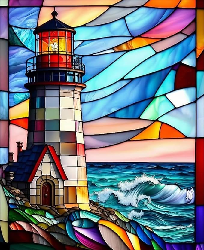 5D Stained Glass Lighthouse Diamond Painting,Adult Diamond Art kit, DIY Diamond Painting kit,Full Diamond Round Diamond dot Diamond Art kit,Craft Home wall Art decorating-12x16in