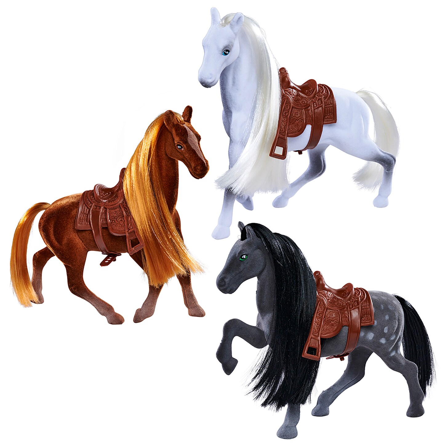 Simba Toys: Flocked Horse Set – 3 Detailed Pony Figurines, 7" Toy Animal Miniatures, Brush & Saddles, Brown, White, Black Set, Nature World, Kids 3+