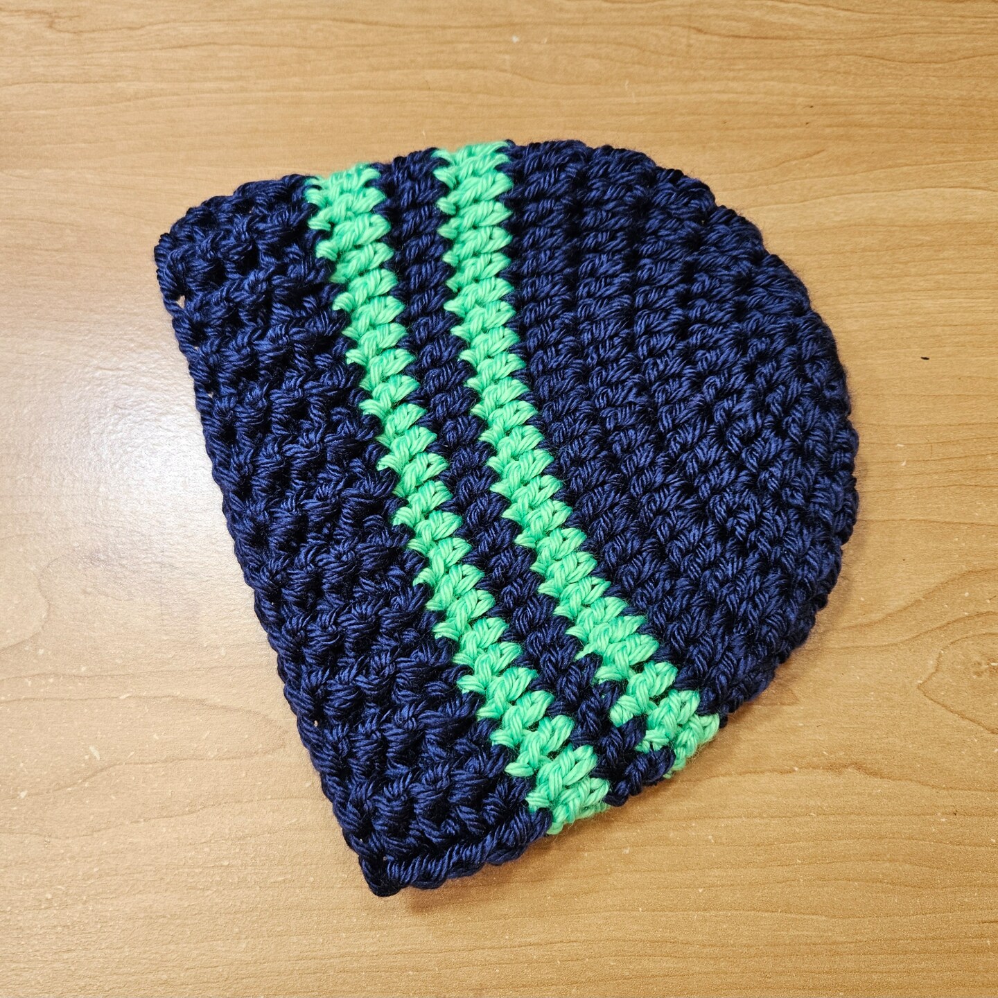Beanie Months, Baby Boy Hat, Acrylic, Crochet, Dk Country Blue with  Lime Green Stripes Seahawks Colors
