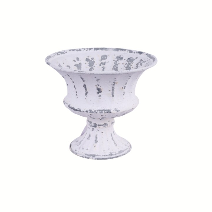 Antique White Tin Compote Vase | 5.5&#x22; Distressed Pedestal Bowl for Floral Decor-KE263752