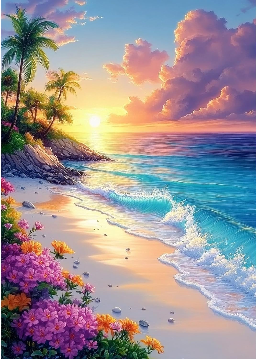 DIY 5D Beach Diamond Art Paint with Round Diamonds, Full Drill Flowers Diamonds Art Painting Kit Perfect for Home Wall Decor