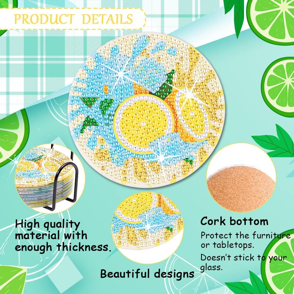 8Pcs Diamond Painting Coasters Kit with Holder Cork Base