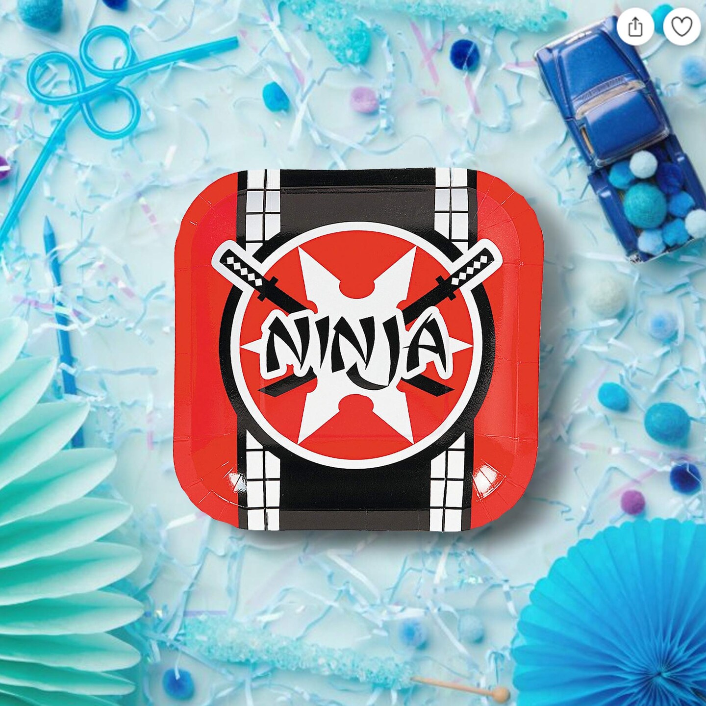 8 Ct Ninja Warrior Party Dessert Plates 7" Square Red & Black Ninja Star Design