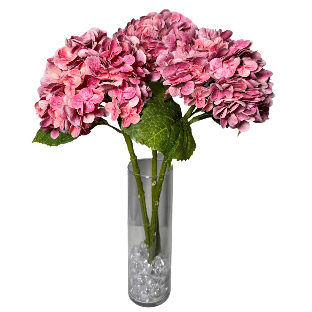 Ariane Lifelike Artificial Pink Burgundy Hydrangea Flowers 20&#x201D; Real Touch, Set of 3, Faux Silk Stems for Wedding, Fall D&#xE9;cor, Home Styling, and Centerpieces