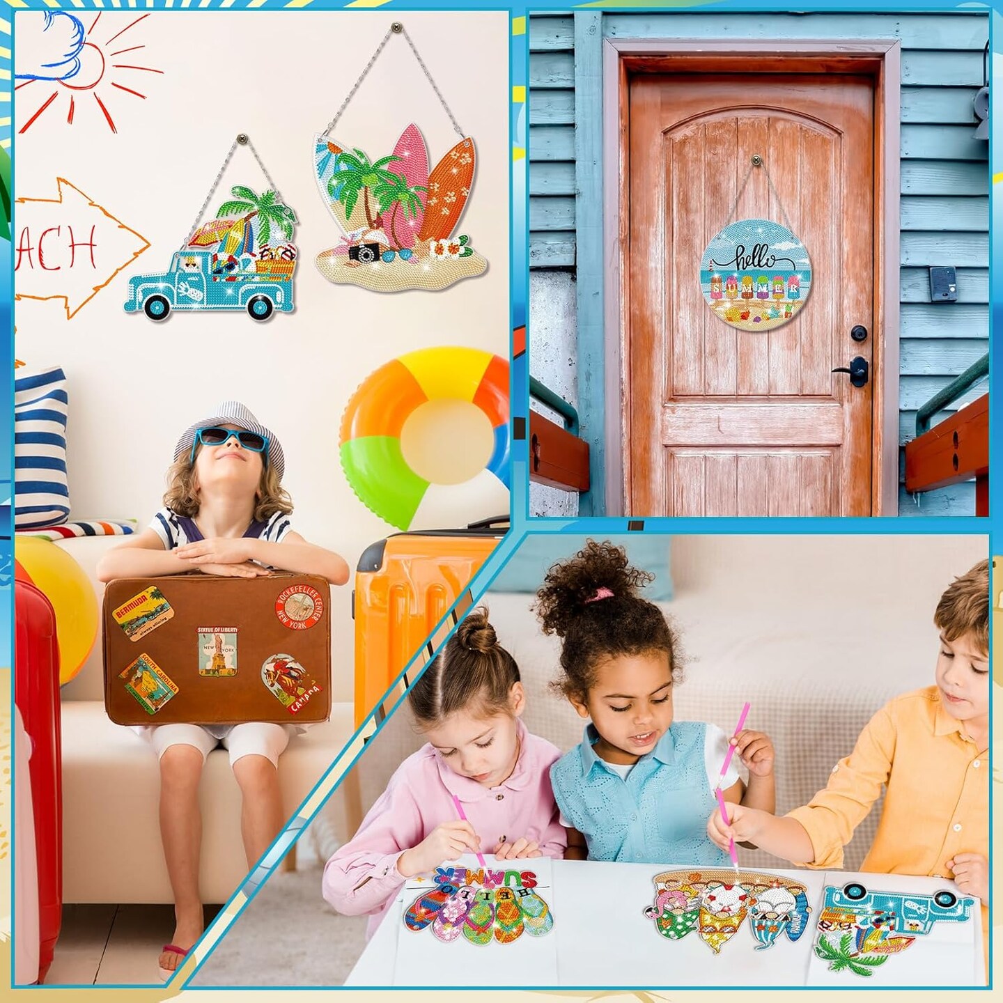 6 Pcs Summer Diamond Painting Hanging Sign Set Beach Gnome Diamond Art Paint