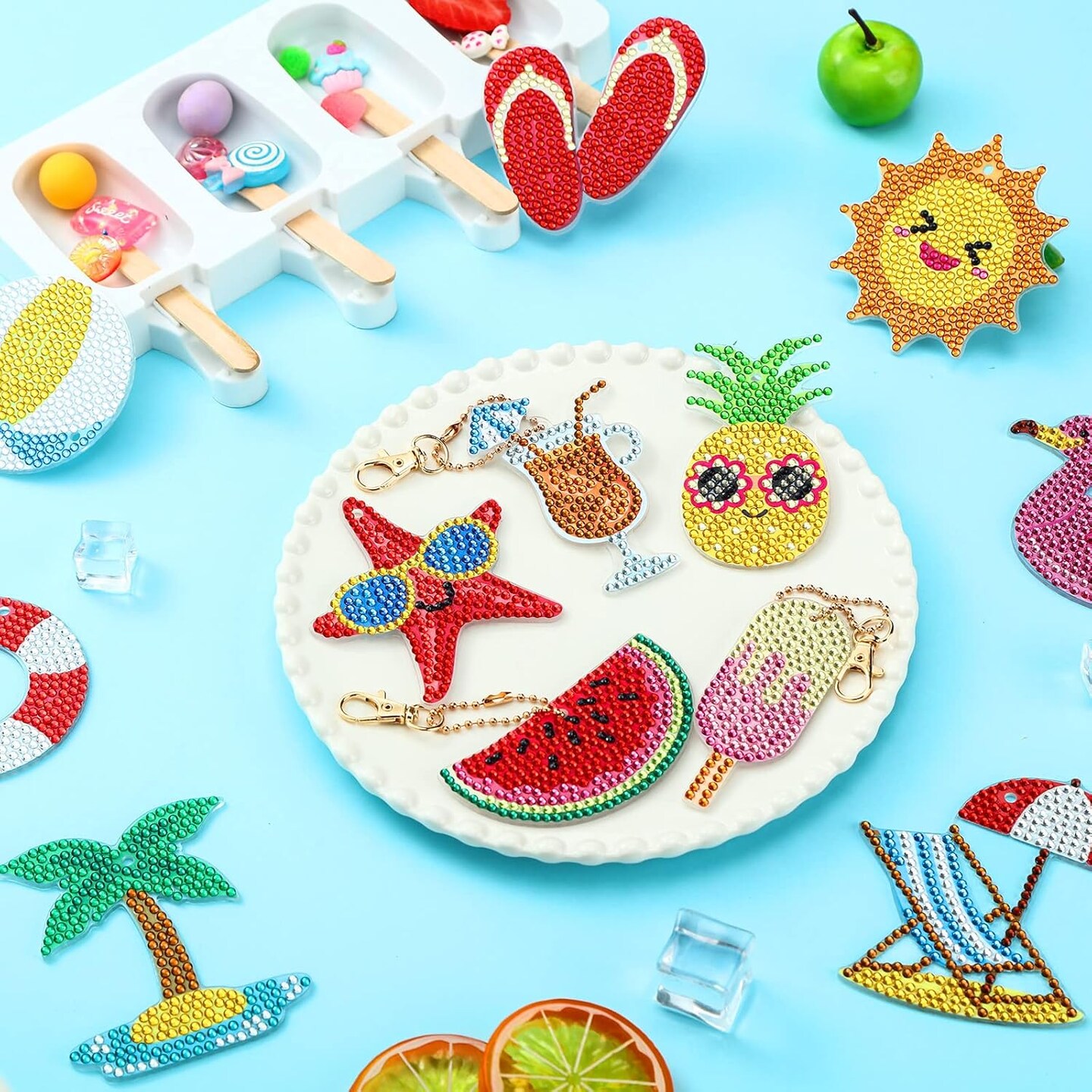 24 Pcs Summer Diamond Painting Keychain Kits 5d DIY Hanging Diamond Art