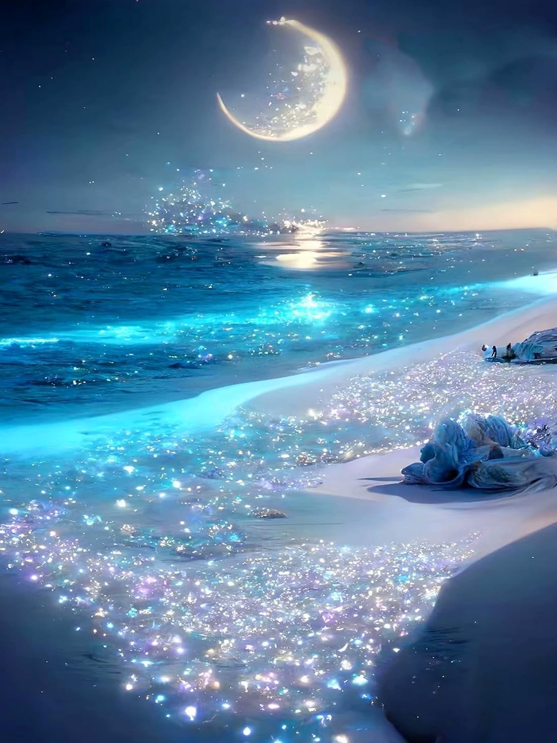 Beach Diamond Art Painting by Number Kits,Seaside Night 5D Diamond DIY Painting for Adult