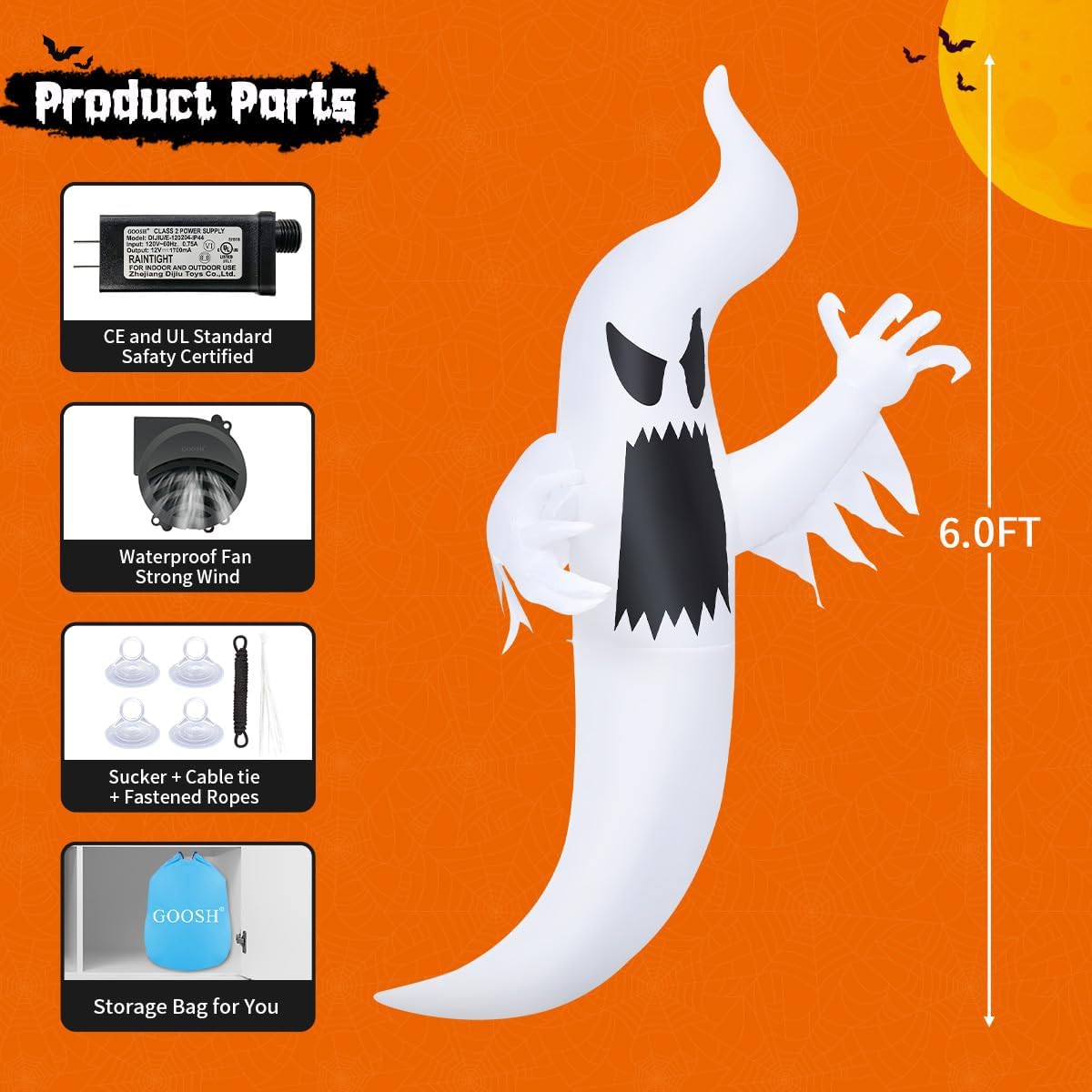 GOOSH 6 FT Halloween Inflatables Ghost Outdoor Window Decorations Blow Up Yard Multicolor Hanging Ghost