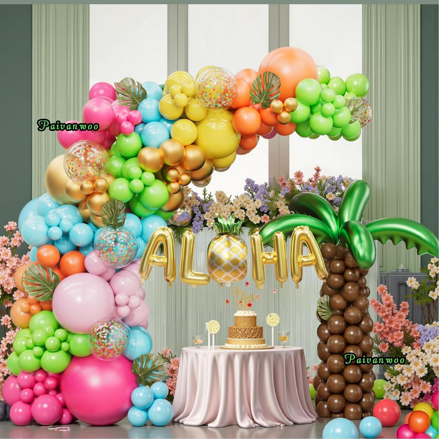 170 Pcs Hawaiian Tropical Balloon Arch Kit with Aloha Green Palm Tree