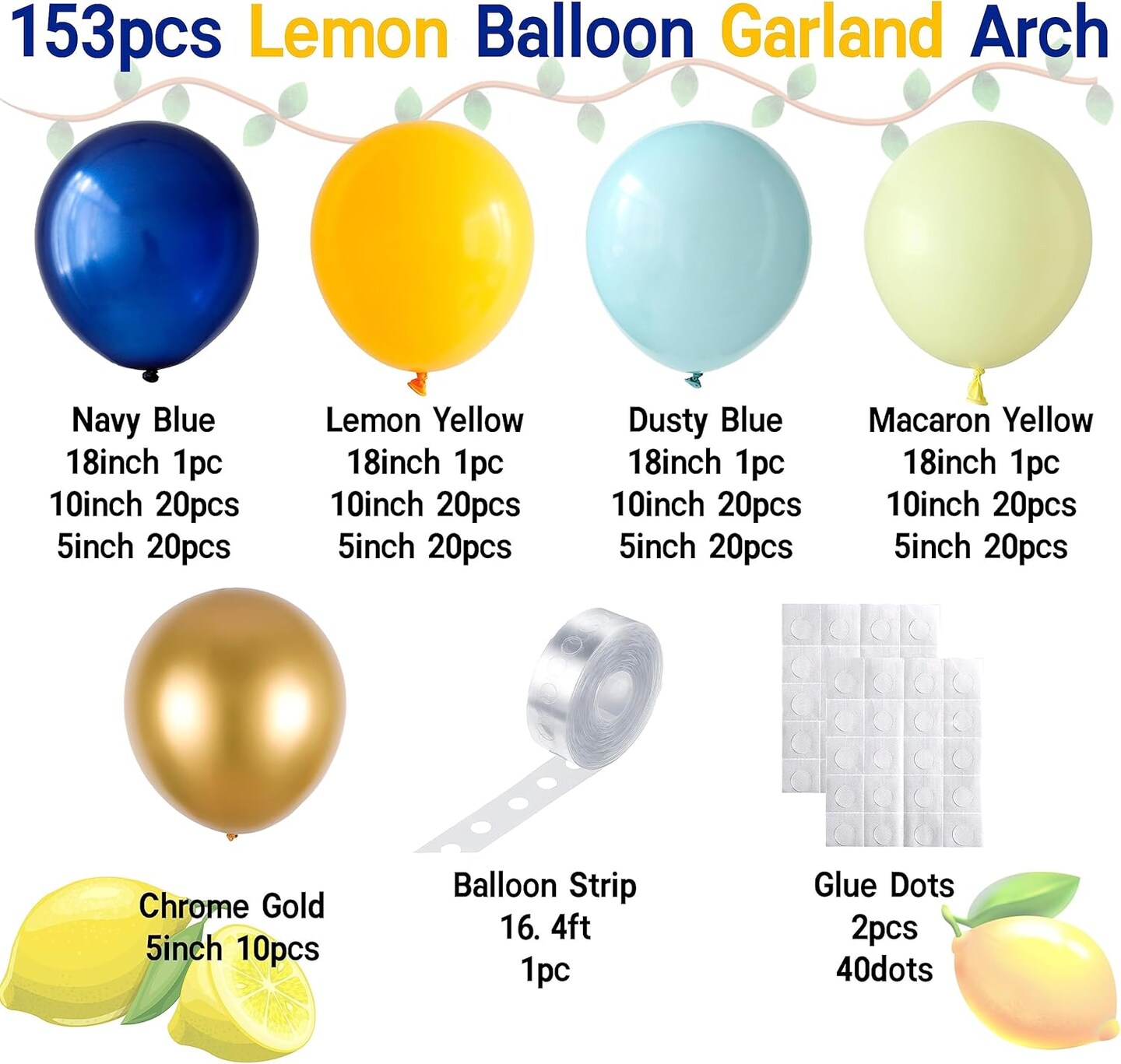 Lemon Balloon Garland Arch Kit, 153pcs Lemon Yellow Royal Blue and Dusty Blue Balloons