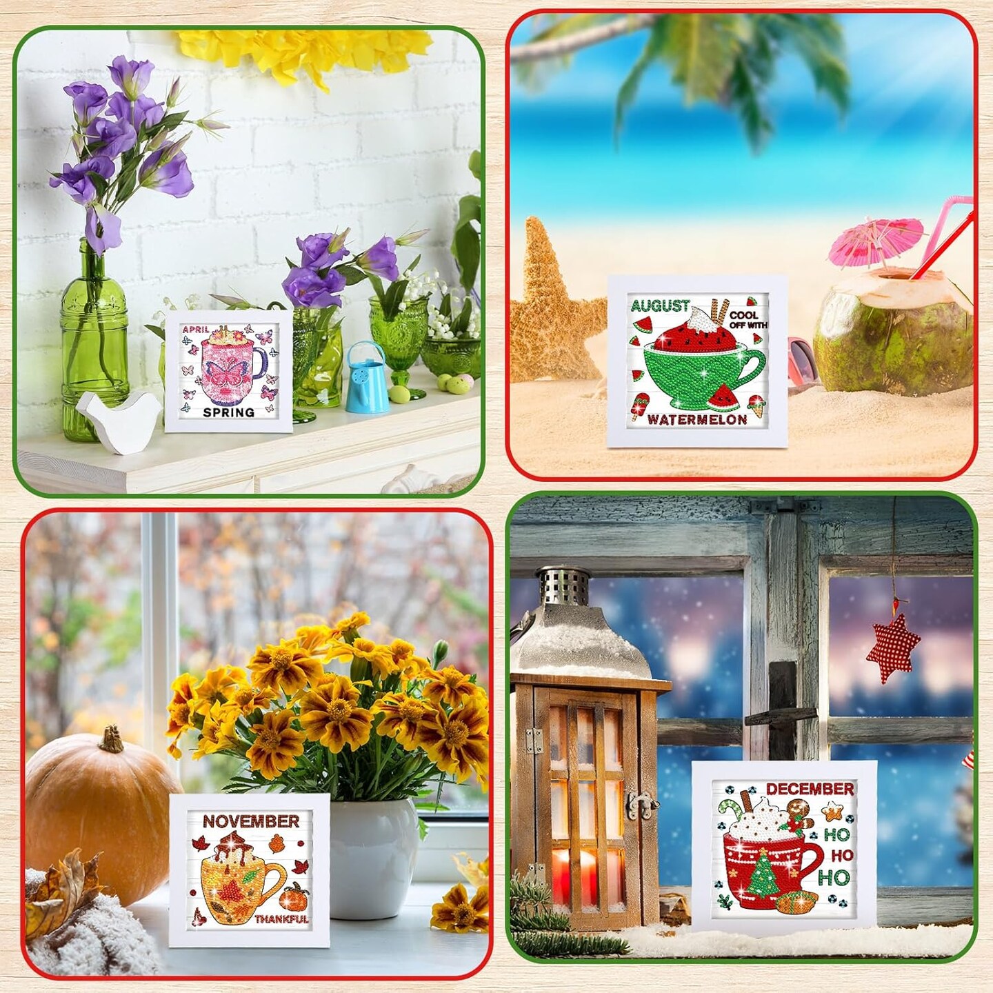 13 Pcs Interchangeable Seasonal Diamond Painting Kits with Frame (Coffee)