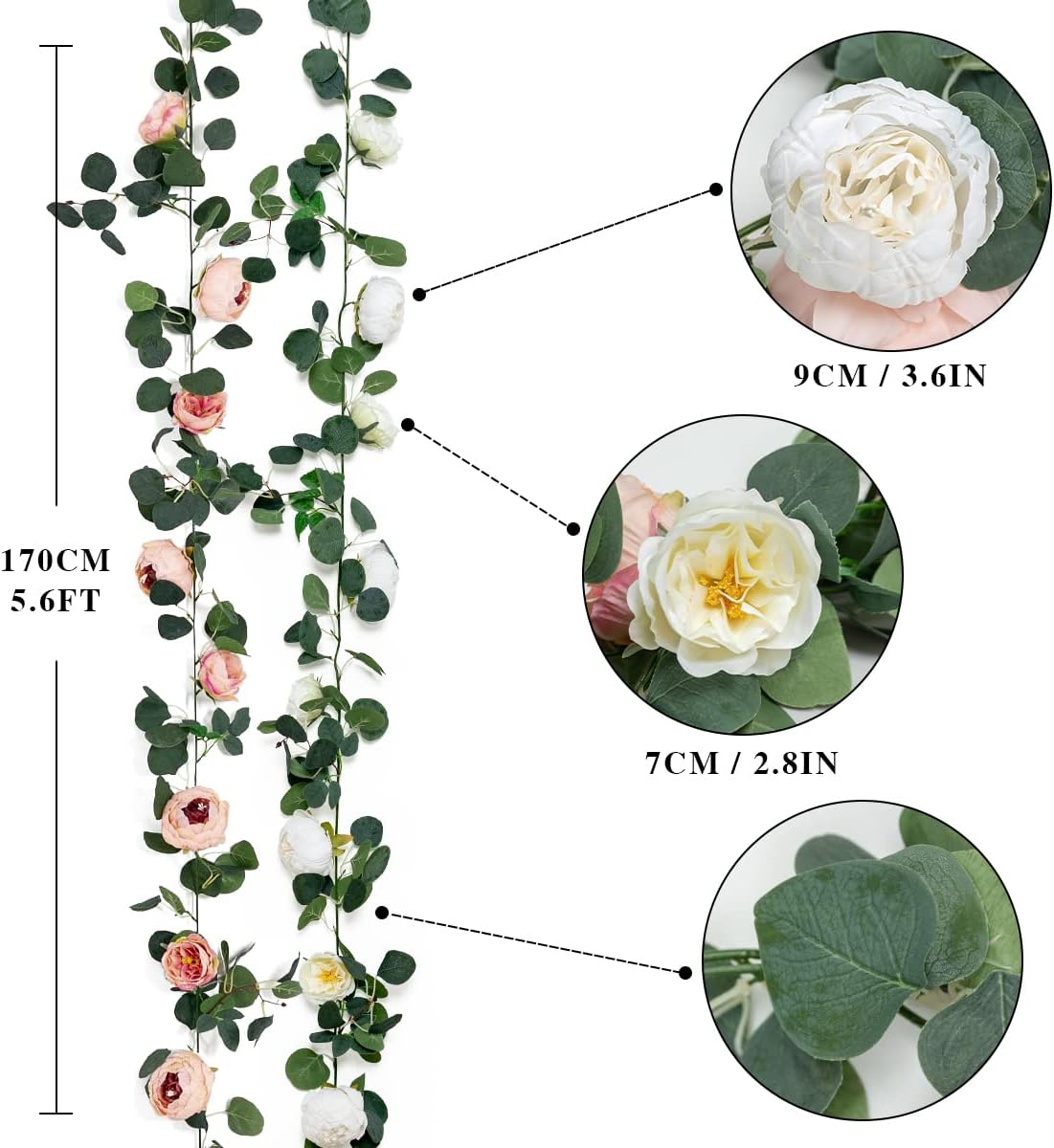 2 Pack Artificial Flower Garlands 11.2FT Eucalyptus Garlands with Flowers 8 Head Peony Flower Vine Faux Floral Garland for Wedding Arch Table Wall Backdrop Wreath Decoration. (Pink &#x26; White)