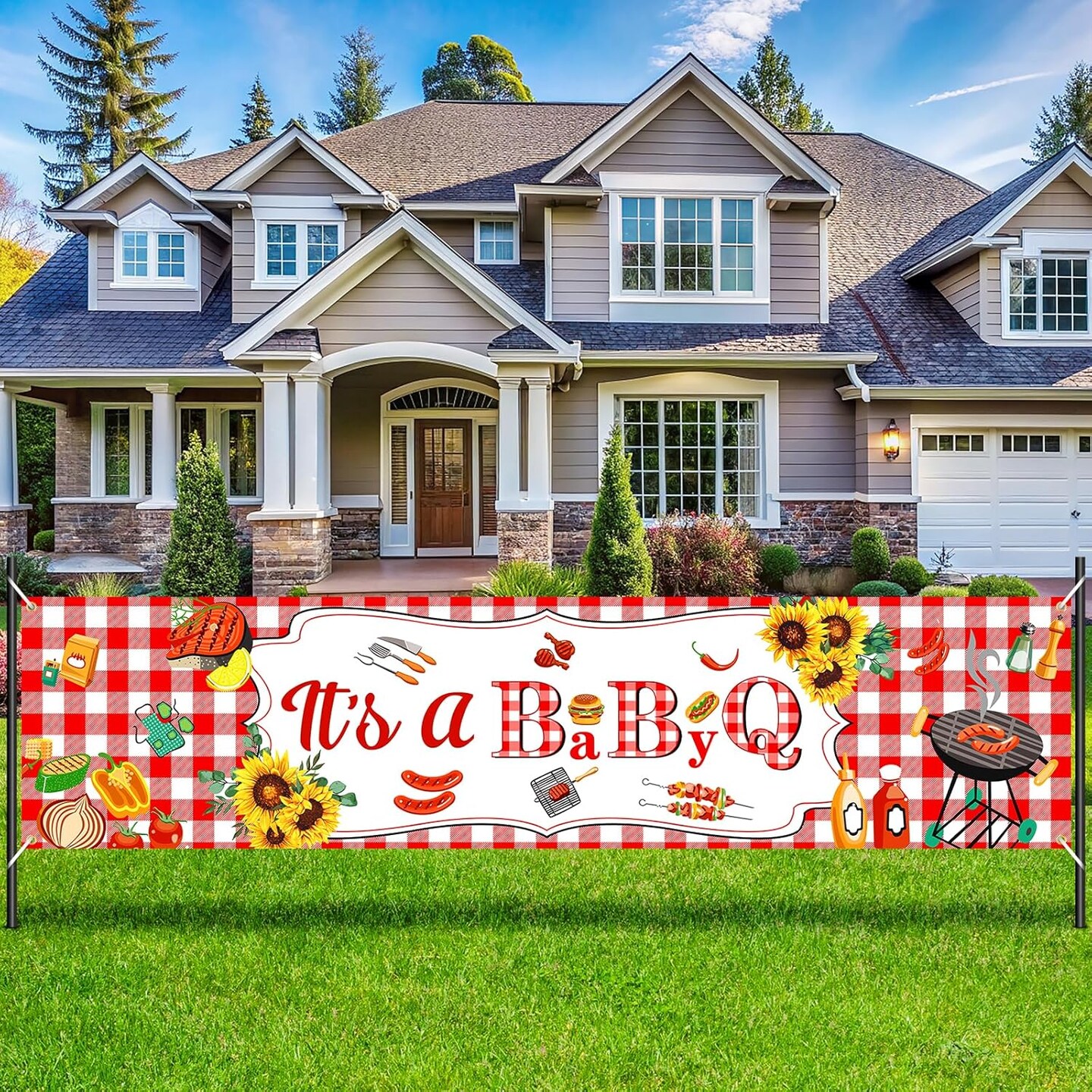Baby BBQ Shower Decorations Large Sunflower Baby Q Banner It&#x2019;s A BabyQ Party Decorations Summer Rustic Barbecue Backdrop for Picnic Sunflower Baby Shower Gender Reveal Party Supplies Outdoor