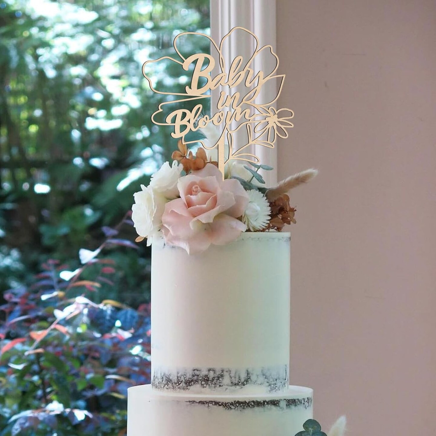 Baby in Bloom Cake Topper in Wood Baby Shower Gender Reveal Party Cake Decoration (Design 02)