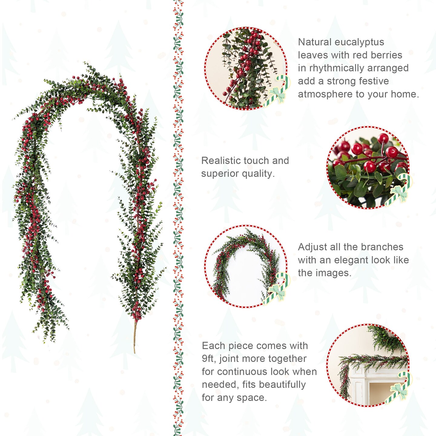 Christmas Greenery PE Dripping Cedar/Eucalyptus Garland/Wreath with Red Berries