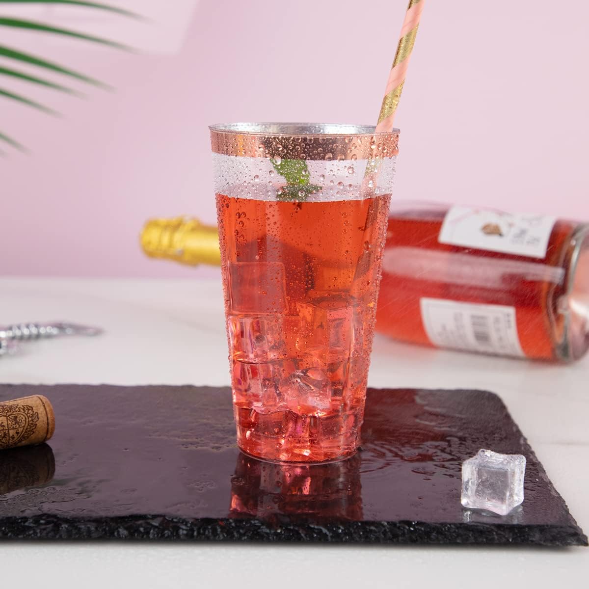 Rose Gold Plastic Cups 16 oz - Clear Plastic Tumblers Rose Gold Rimmed Cups Fancy Disposable Wedding Cup Elegant Party Drinking Cup