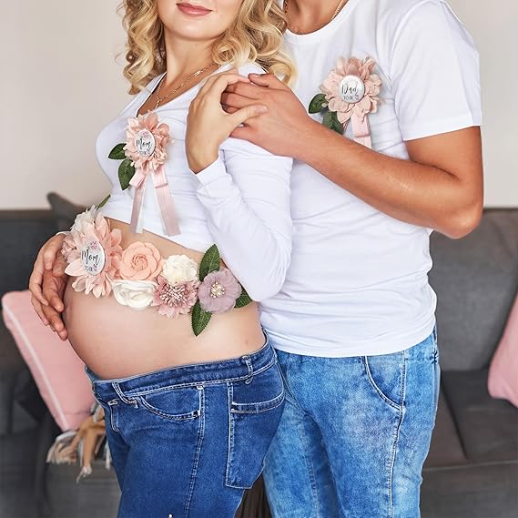 Baby Shower Maternity Sash Belly Belt-Pink Flower Sash Set Mom to Be &#x26; Dad to Be Corsage Pins for Gender Reveal