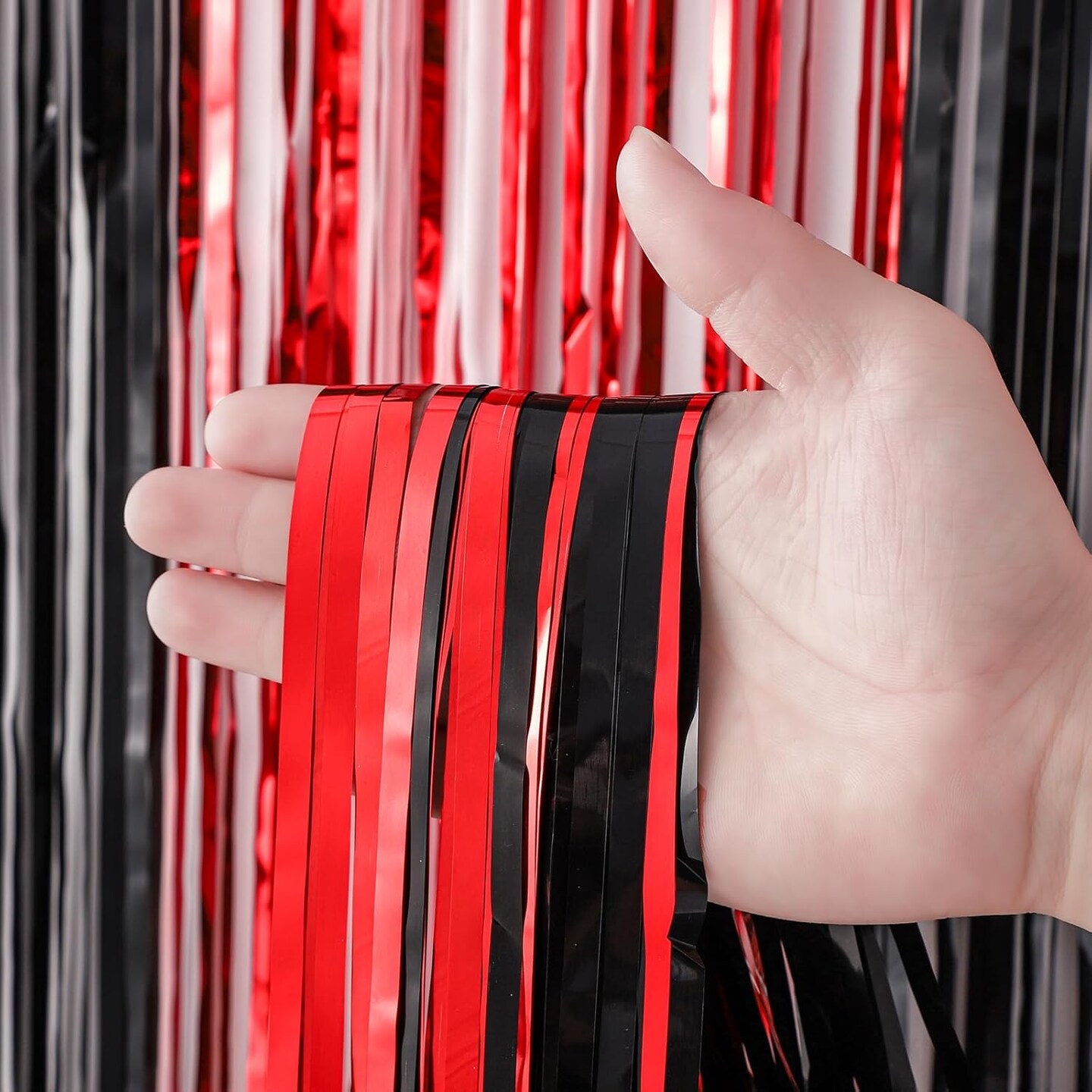 Feet Red and Black Foil Fringe Backdrop Curtains, Tinsel Streamers Birthday Party Decorations, Fringe Backdrop for Graduation, Baby Shower, Gender Reveal, Disco Party