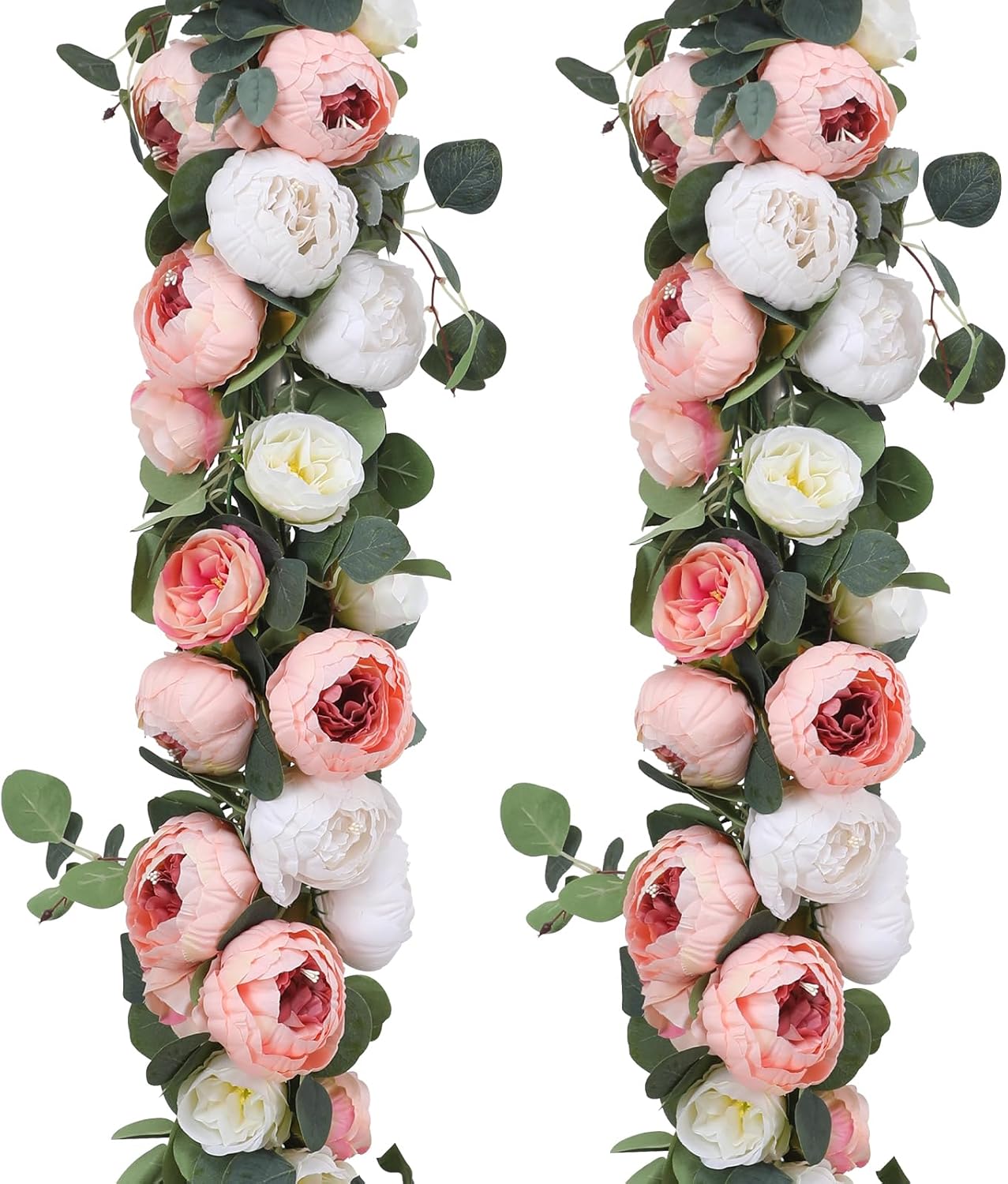 2 Pack Artificial Flower Garlands 11.2FT Eucalyptus Garlands with Flowers 8 Head Peony Flower Vine Faux Floral Garland for Wedding Arch Table Wall Backdrop Wreath Decoration. (Pink &#x26; White)
