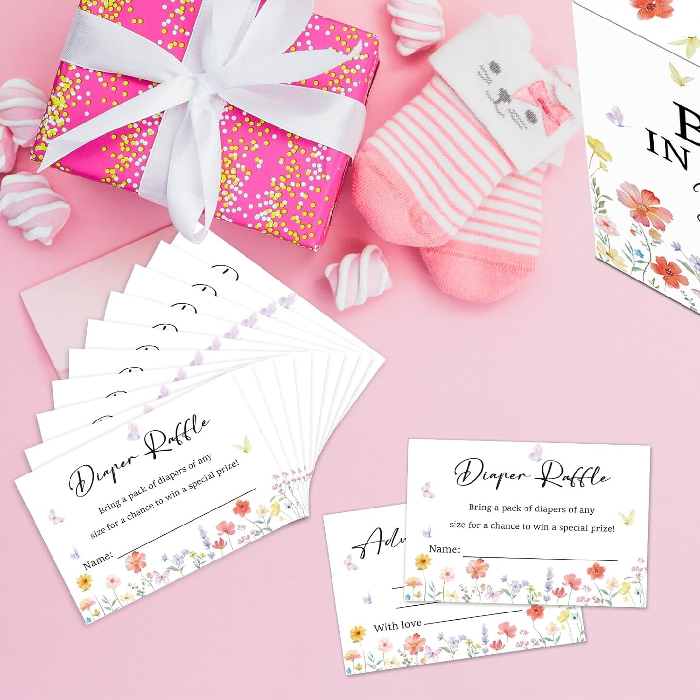 50 Pieces Diaper Raffle Tickets with Box Baby Shower Game Invitations Diaper Raffle Cards Diaper Raffle Box Set for Baby Shower Gender Reveal Party Supplies Card Box